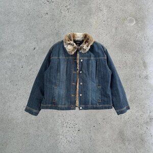 2000s denim jacket with faux fur trim